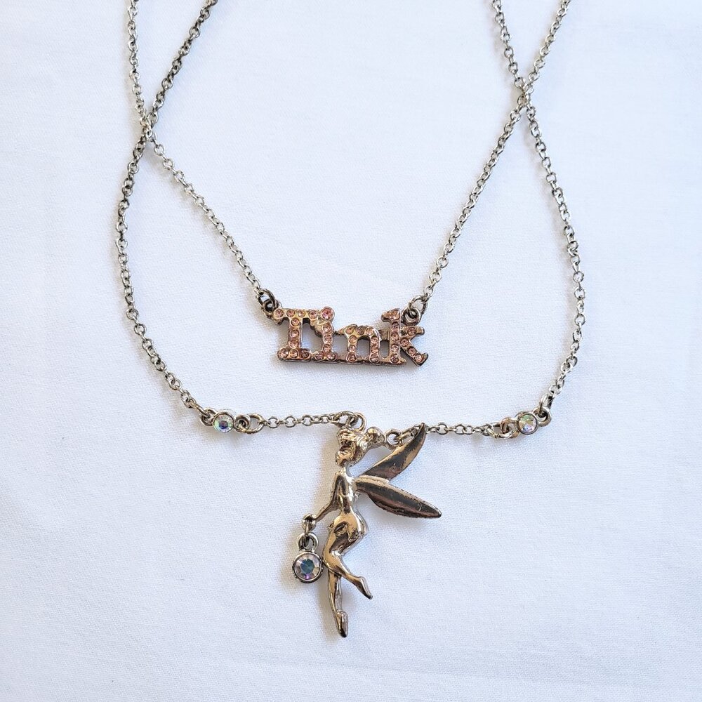 Fairy y2k Silver Tinkerbell Charm Rhinestone necklace Set pink iridescent gems